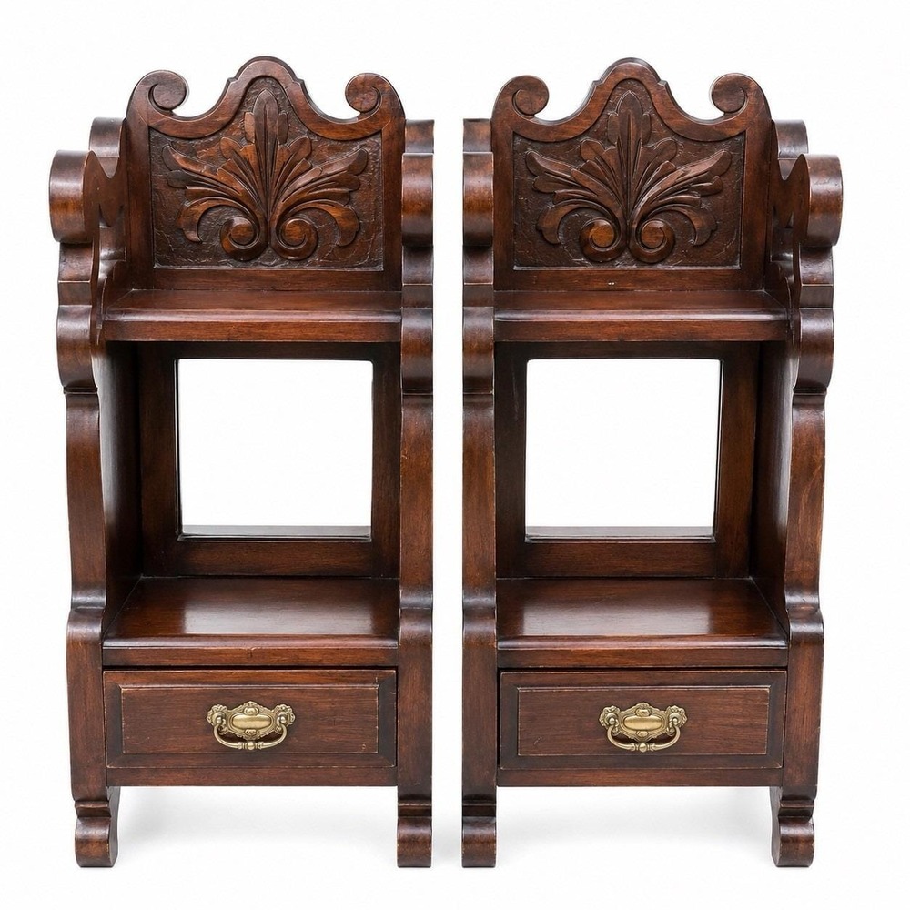 2 Antique Carved Wood Vanity Dresser Top Shaving Mirror Jewelry Drawer victorian